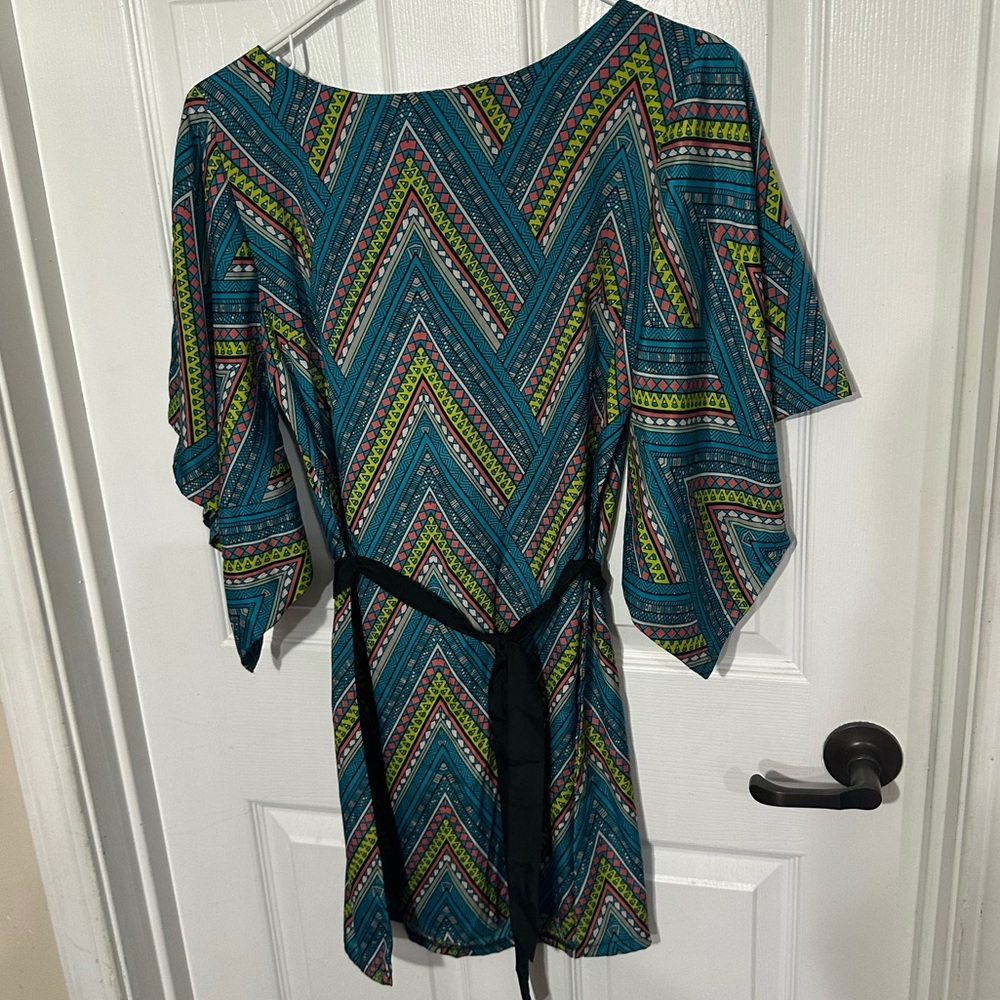Vibrant Blue & Green Chevron Pattern Mini Dress with sash Smal